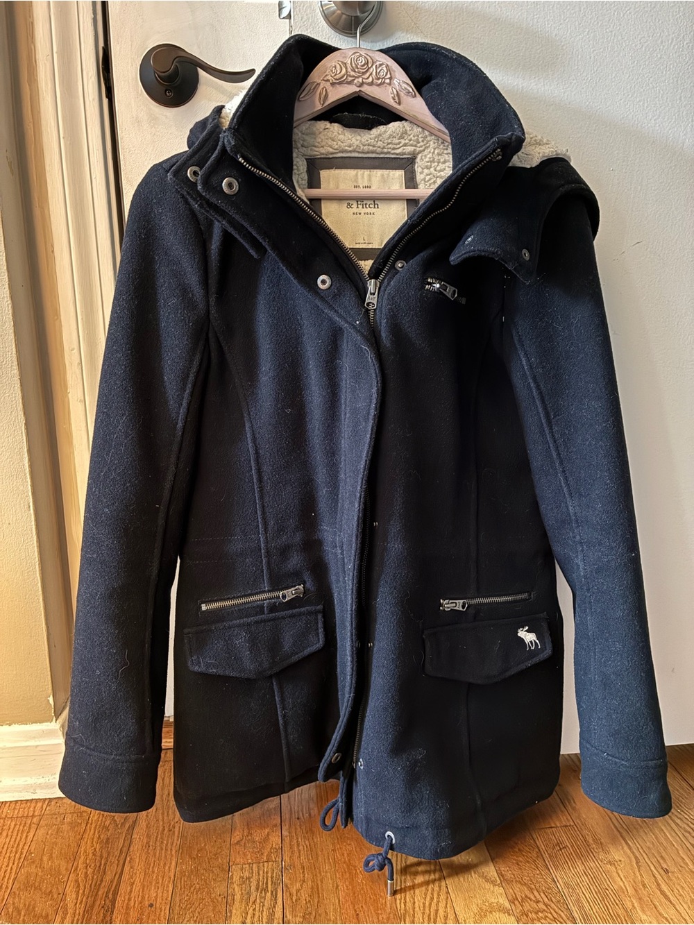 Abercrombie & Fitch Navy Wool-Blend Hooded Pea Coat